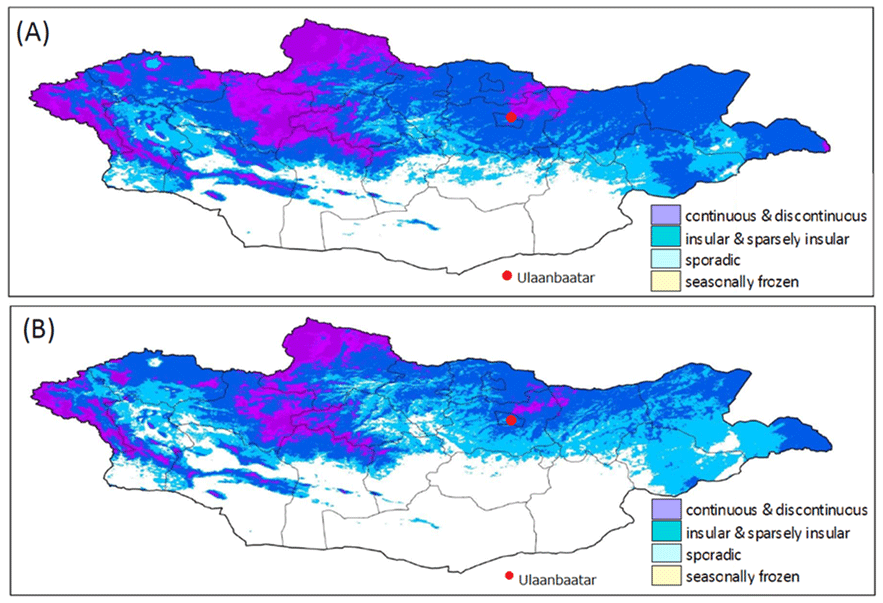 Fig. 6: Comparison of permafrost distribution in Mongolia between the 1980s and 2000s. (A) Permafrost map from the 1980s obtained from meteorology data, and (B) permafrost map from the 2000s obtained from MODIS data (Wang et al., 2010).