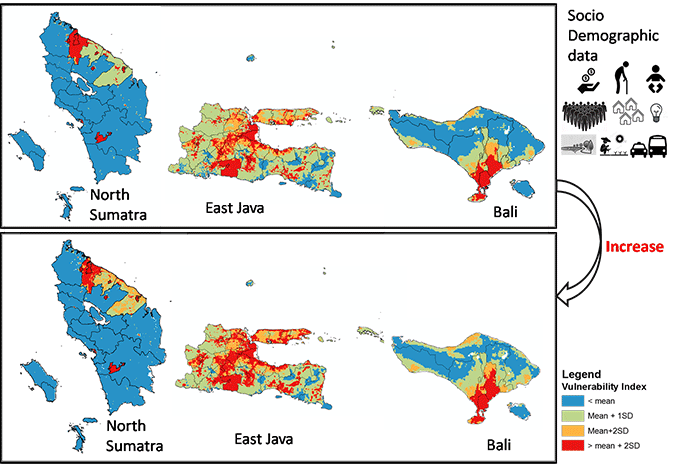 Figure 8. The Vulnerability Index calculated for the study areas. The upper figure shows data for the baseline period (1981-2005) and the lower figure shows projected data for the future (2018-2024).