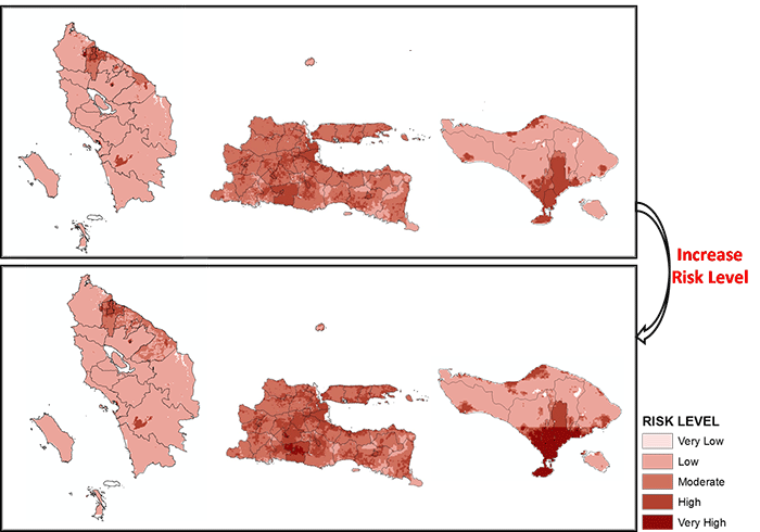 Figure 9. The Risk Map calculated for the study area. The upper figure shows data for the baseline period (1981-2005) and the lower figure shows projected data for the future (2018-2024).