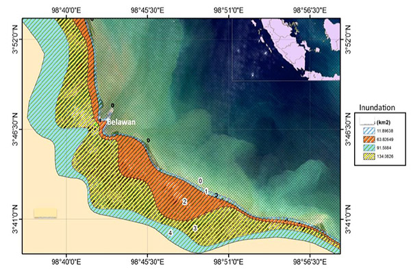 Figure 15. The coastal areas potentially affected by a 1, 2, or 3 m rise in sea level