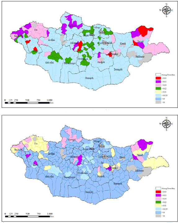 Figure 5: The dzud index distribution on cows/horses (upper) and sheep and goats (under) during December 2016 – April 2017 (Chuo University, 2017).