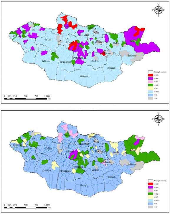 Figure 6: Probability of more than 10% death of cows and horses (upper) and probability of more than 25% death of cows and horses (under) during December 2016 – April 2017 (Chuo University, 2017).