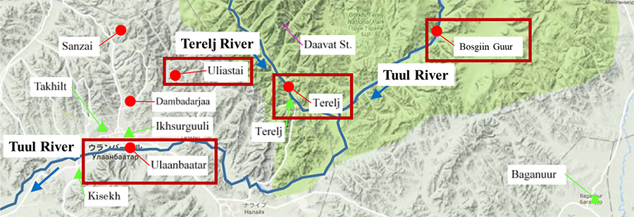 Fig. 3: Flow observation stations in the Tuul River basin; red boxes indicate the stations used in this study (Chuo University and Nikken Sekkei Civil Engineering Ltd, 2017).