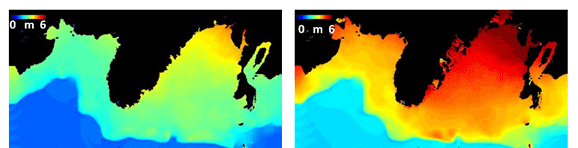 Fig. 4 Comparison of results for the horizontal distribution of the highest high-water level around Suva caused by a cyclone (left: current climate 1990-2000; right: future climate 2090-2100)
