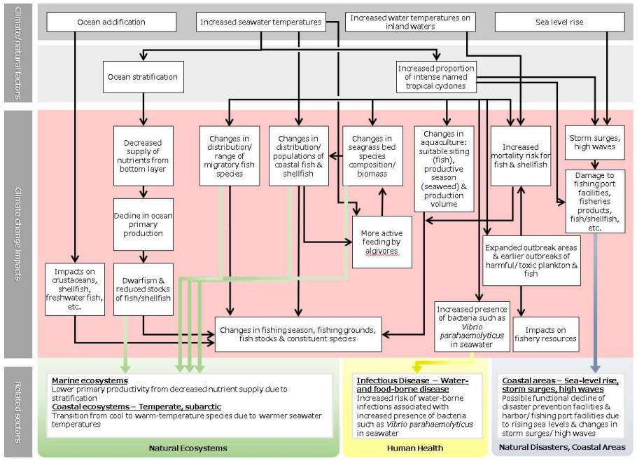 Schematic of projected impacts of climate change (Fisheries)
