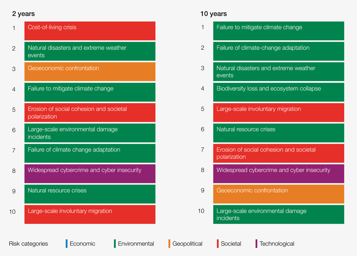 Global risks ranked by severity over the short and long term