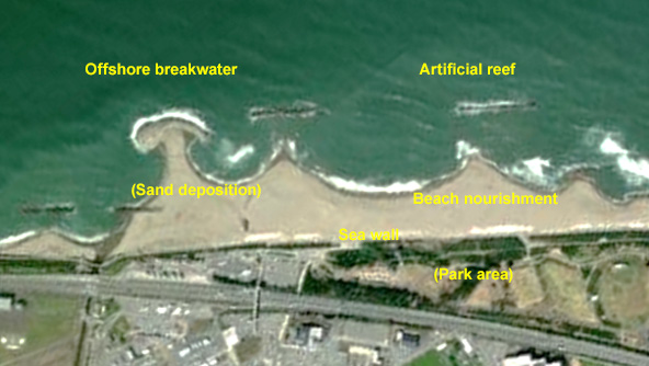 Plan and perspective view of hybrid protection at Ishikawa Coast in Japan.