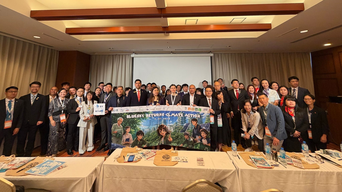 Group photo with the Blue Sky Returns campaign poster. JCI-ASPAC, 13 June 2026.